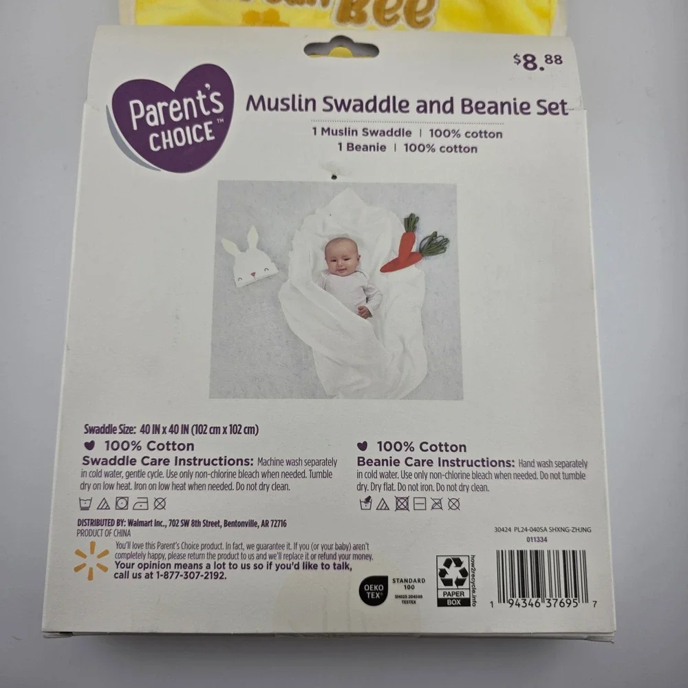 Parent's Choice Baby Swaddle and Beanie Set with Bib‎ 2-Piece Bunny New